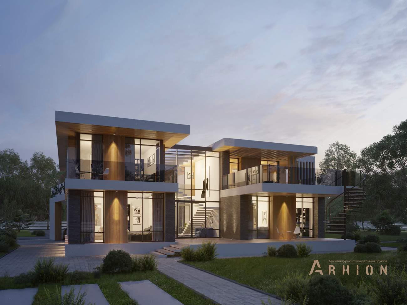 4. Проект двухэтажного дома в стиле хай-тек с плоской кровлей , rh-450, площадью - 450 кв c сауной, терассой, балконом, гаражом, вторым светом